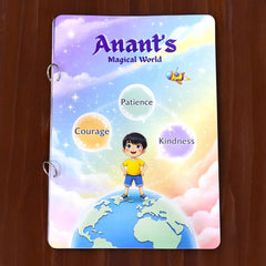 Personalized children's notebook with a colorful design and text on a wooden surface