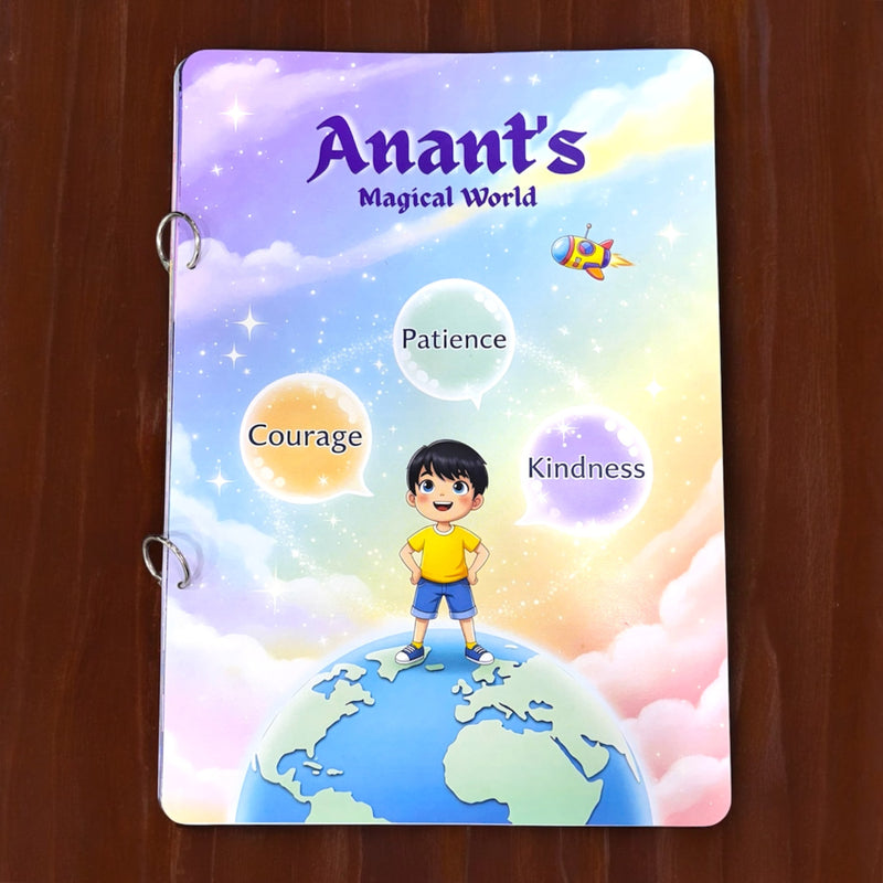 Personalized children's notebook with a colorful design and text on a wooden surface