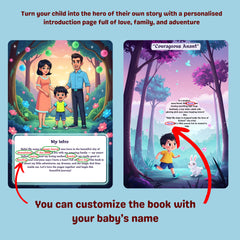 Children's book with a family scene and a child running in a forest, featuring customizable text.