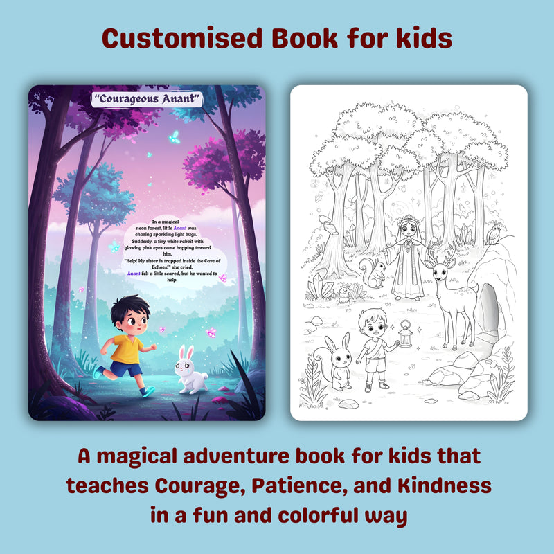 Customised book for kids with a magical adventure theme, featuring a boy, rabbit, and forest scene.
