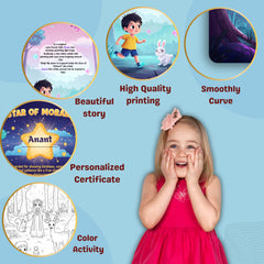 Child in a pink dress with educational content and features on a blue background