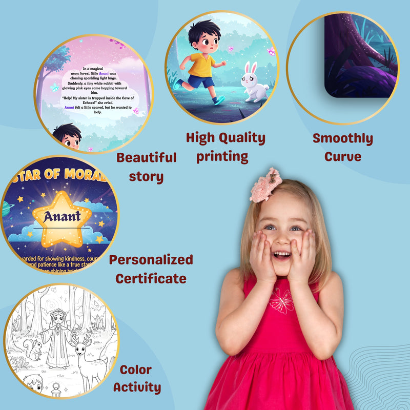 Child in a pink dress with educational content and features on a blue background