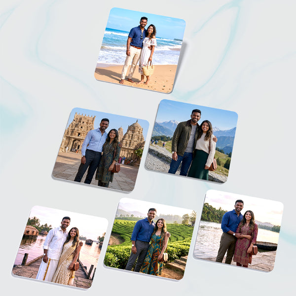 Smaran Personalized Couple Travel Fridge Magnet | Custom Photo Caricature Refrigerator Decor | Romantic Beach Mountain Tea Garden Scene | Anniversary Valentine Gift for Him Her