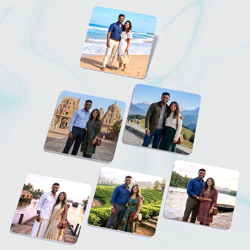 Smaran Personalized Couple Travel Fridge Magnet | Custom Photo Caricature Refrigerator Decor | Romantic Beach Mountain Tea Garden Scene | Anniversary Valentine Gift for Him Her