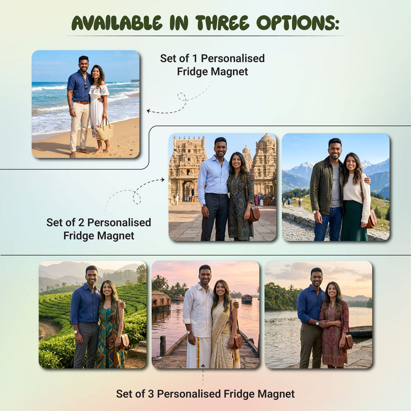 Smaran Personalized Couple Travel Fridge Magnet | Custom Photo Caricature Refrigerator Decor | Romantic Beach Mountain Tea Garden Scene | Anniversary Valentine Gift for Him Her