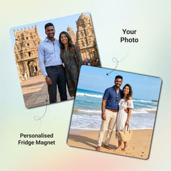 Smaran Personalized Couple Travel Fridge Magnet | Custom Photo Caricature Refrigerator Decor | Romantic Beach Mountain Tea Garden Scene | Anniversary Valentine Gift for Him Her