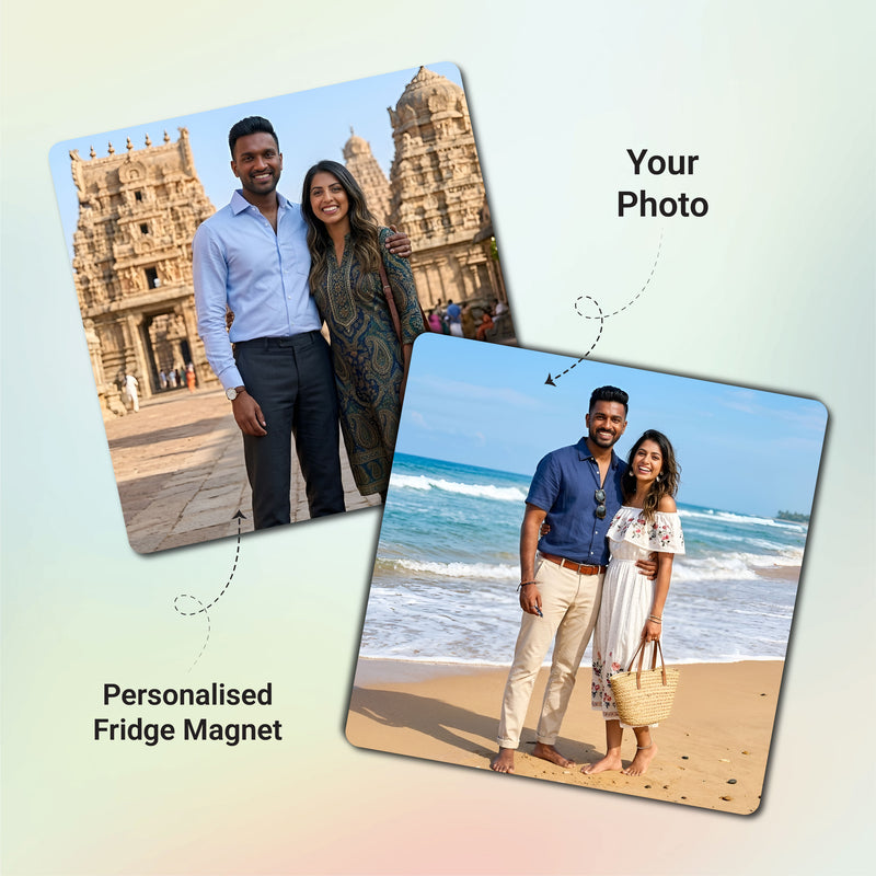 Smaran Personalized Couple Travel Fridge Magnet | Custom Photo Caricature Refrigerator Decor | Romantic Beach Mountain Tea Garden Scene | Anniversary Valentine Gift for Him Her