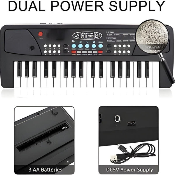 Keyboard with dual power supply and microphone on a white background