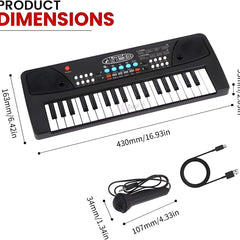 Keyboard with USB cable and audio cable, labeled with dimensions on a white background