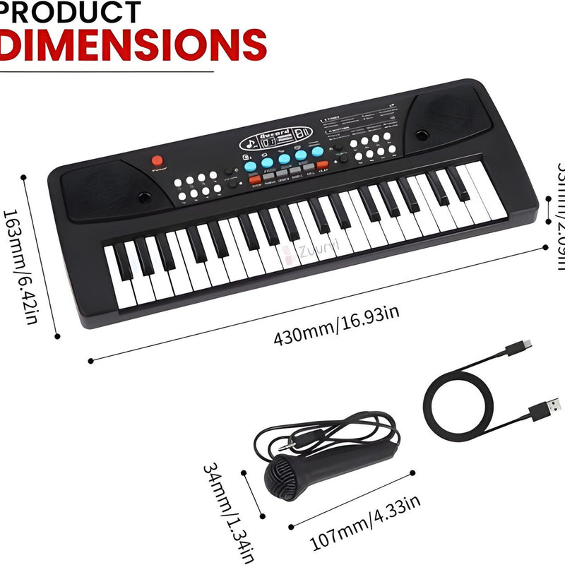 Keyboard with USB cable and audio cable, labeled with dimensions on a white background