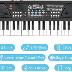 Black electronic keyboard with key features highlighted on a white background