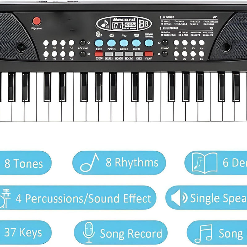 Black electronic keyboard with key features highlighted on a white background