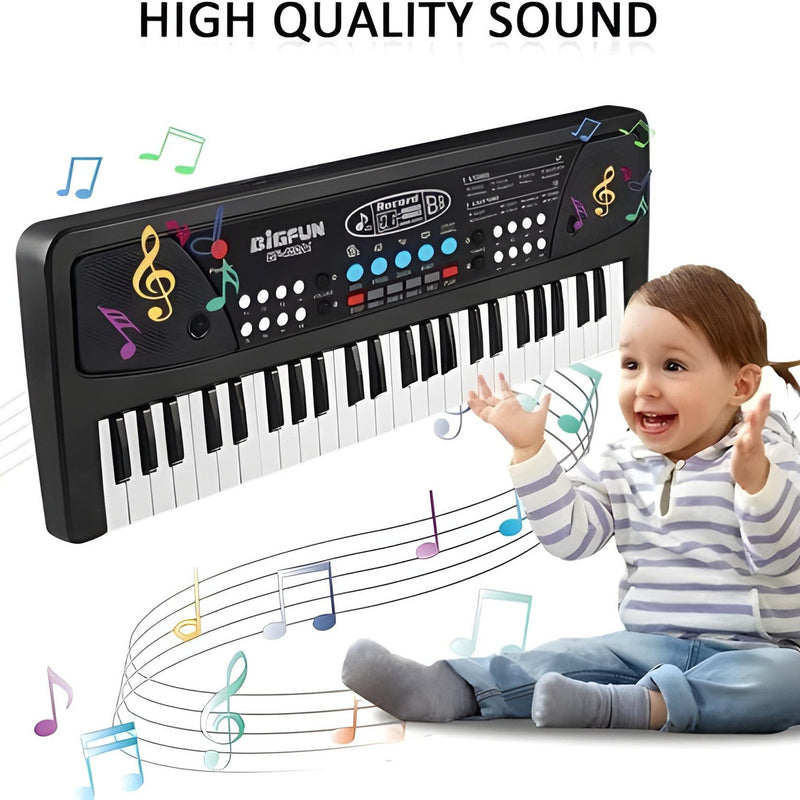 Child playing a toy keyboard with musical notes and 'High Quality Sound' text.