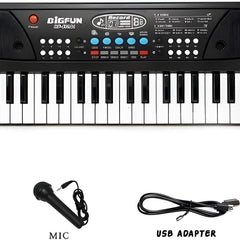 Electronic keyboard with microphone and USB adapter on a white background