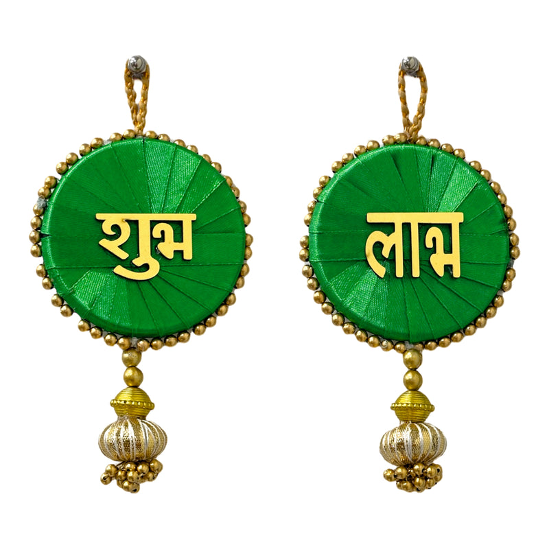 Green earrings with gold accents and text on a white background