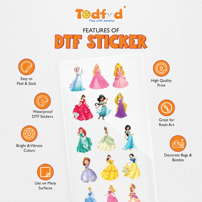 Todfod Princess DTF Transfer Sticker Sheet | 4x11 Inch Premium Heat Transfer Film for T-Shirts, Hoodies, Bags & DIY Fabric Printing