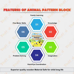 Todfod Wooden Animal Puzzle with 21 Activity Cards | Montessori Learning Toy for Kids 3+ | Educational Tangram Pattern Blocks - Made in India, BIS Certified