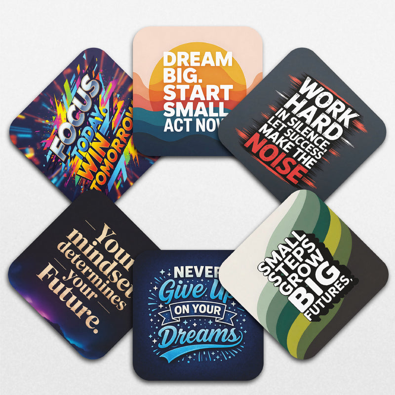Smaran Motivational Quote Theme MDF Wooden Tea Coffee Coasters Set of 6 | 4x4 Inch Reusable Table Drink Coasters with Inspiring Text | Heat Resistant Cup Mats for Home Office Desk Decor & Gifts
