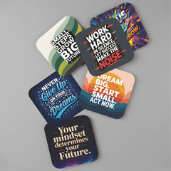 Smaran Motivational Quote Theme MDF Wooden Tea Coffee Coasters Set of 6 | 4x4 Inch Reusable Table Drink Coasters with Inspiring Text | Heat Resistant Cup Mats for Home Office Desk Decor & Gifts