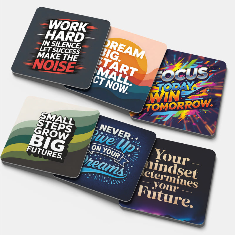 Smaran Motivational Quote Theme MDF Wooden Tea Coffee Coasters Set of 6 | 4x4 Inch Reusable Table Drink Coasters with Inspiring Text | Heat Resistant Cup Mats for Home Office Desk Decor & Gifts