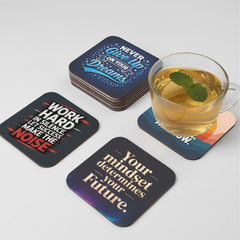 Smaran Motivational Quote Theme MDF Wooden Tea Coffee Coasters Set of 6 | 4x4 Inch Reusable Table Drink Coasters with Inspiring Text | Heat Resistant Cup Mats for Home Office Desk Decor & Gifts