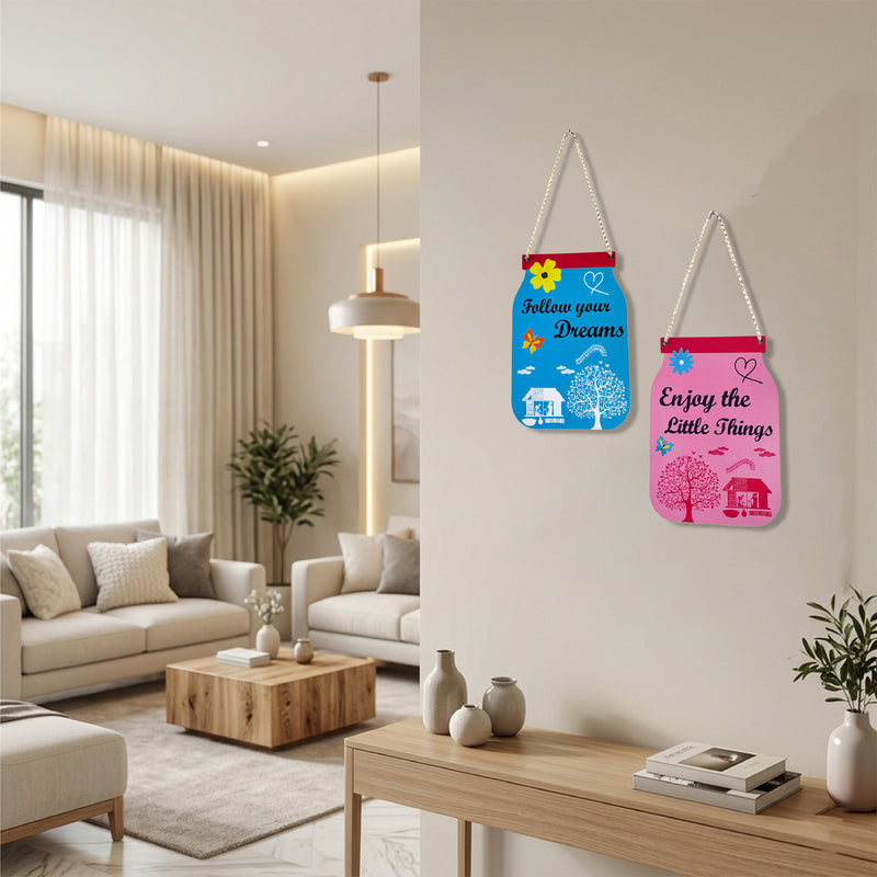 TodFod Quote Jar Wall Hanging Decor Set | Follow Your Dreams & Enjoy The Little Things MDF Wood Plaque