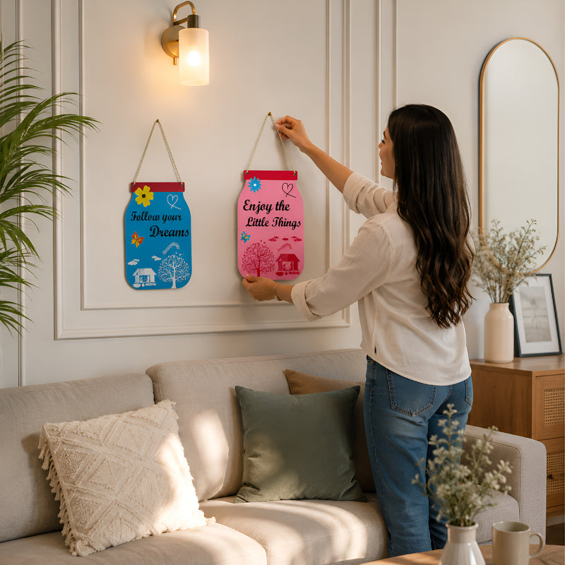 TodFod Quote Jar Wall Hanging Decor Set | Follow Your Dreams & Enjoy The Little Things MDF Wood Plaque