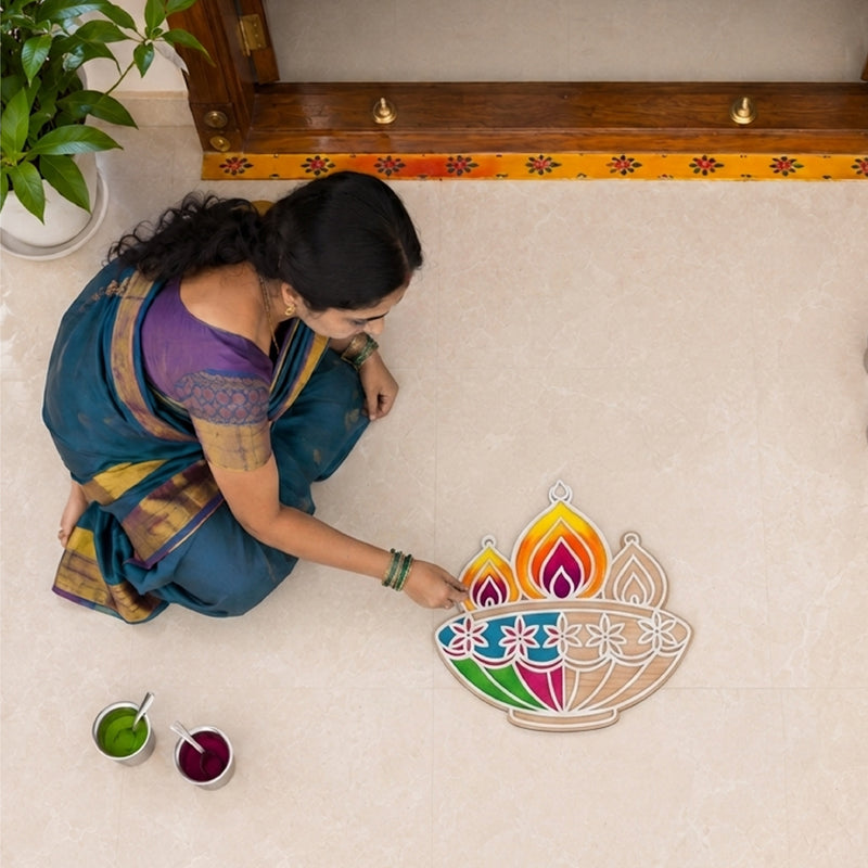 Todfod Wooden Diya Rangoli for Floor Decoration Reusable MDF Rangoli for Diwali Home Entrance Pooja Festival Decor 12 Inch
