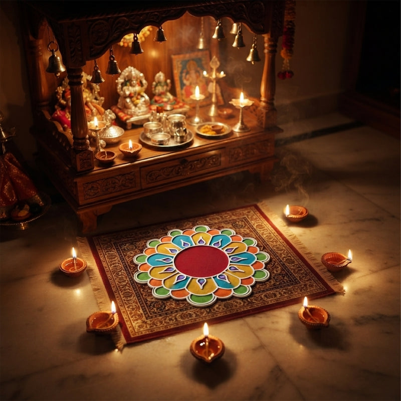 Todfod Wooden Floral Diya Rangoli for Floor Decoration Reusable MDF Rangoli for Diwali Home Entrance Pooja Festival Decor 12 Inch