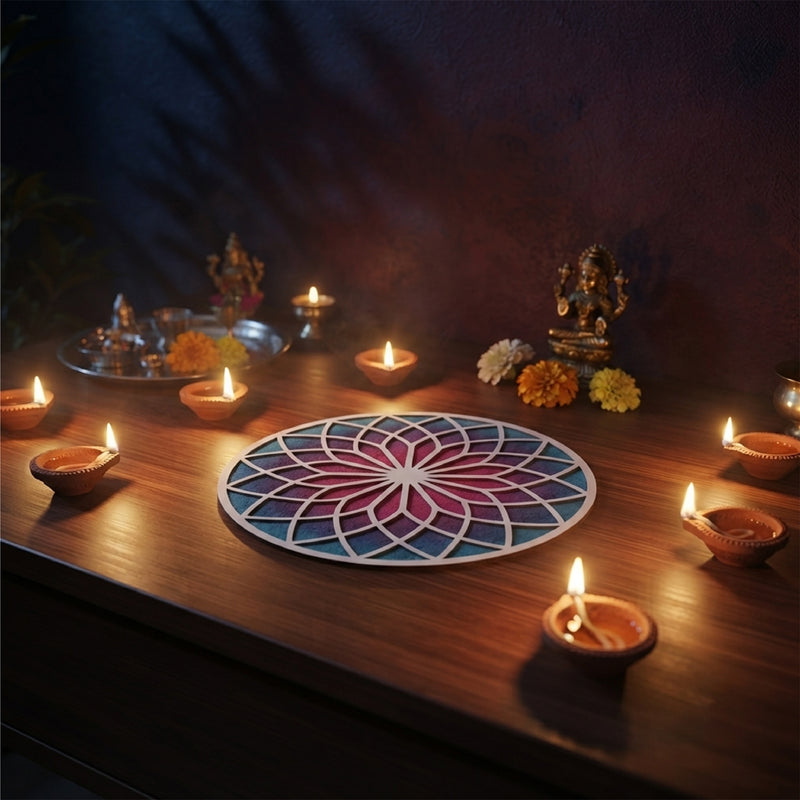 Todfod Wooden Lotus Mandala Rangoli for Floor Decoration Reusable MDF Rangoli for Diwali Home Entrance Pooja Festival Decor 12 Inch