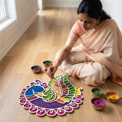 Todfod Wooden Peacock Rangoli for Floor Decoration Reusable MDF Rangoli for Diwali Home Entrance Pooja Festival Decor 12 Inch
