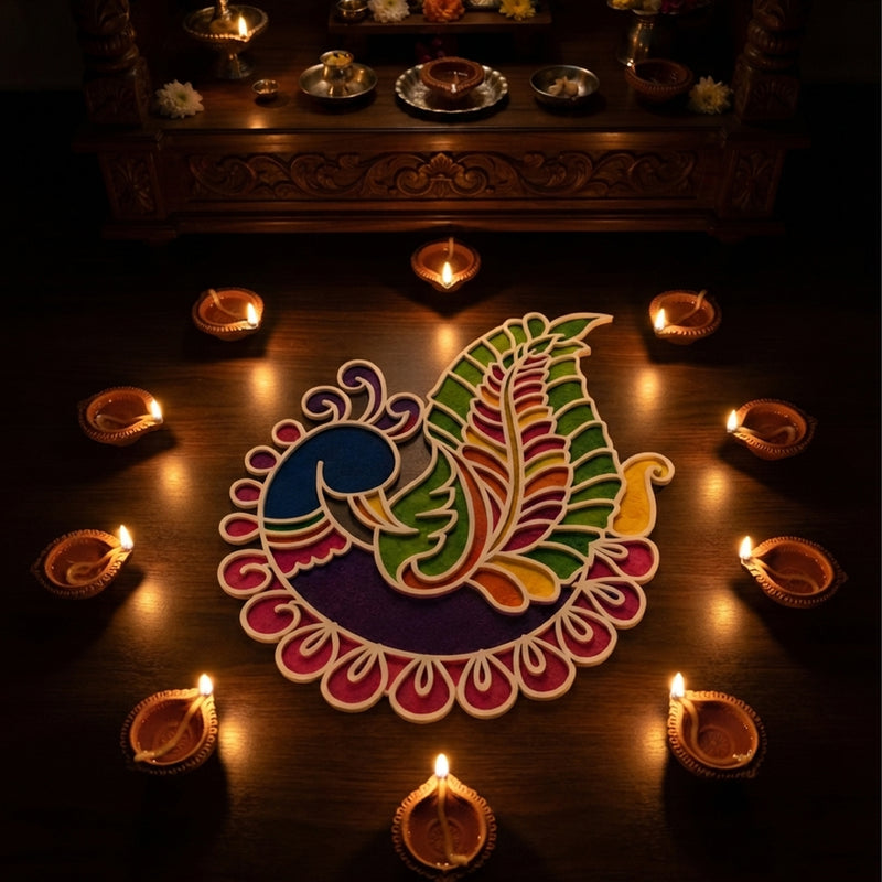 Todfod Wooden Peacock Rangoli for Floor Decoration Reusable MDF Rangoli for Diwali Home Entrance Pooja Festival Decor 12 Inch
