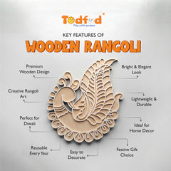 Todfod Wooden Peacock Rangoli for Floor Decoration Reusable MDF Rangoli for Diwali Home Entrance Pooja Festival Decor 12 Inch