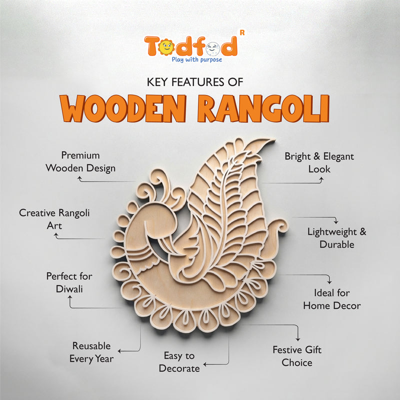 Todfod Wooden Peacock Rangoli for Floor Decoration Reusable MDF Rangoli for Diwali Home Entrance Pooja Festival Decor 12 Inch