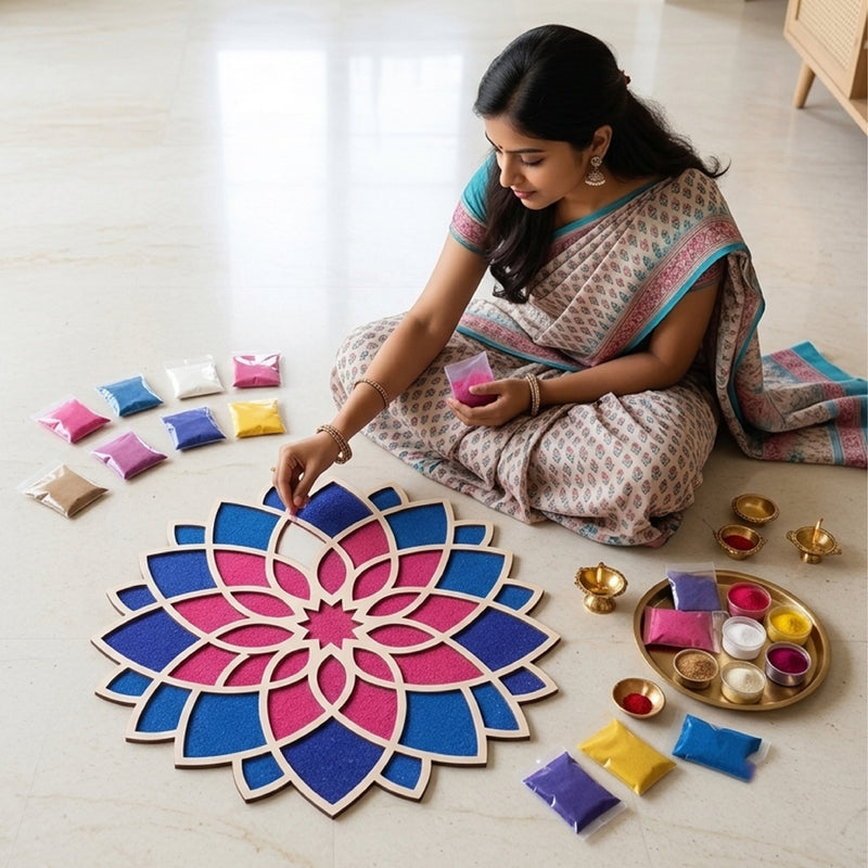 Todfod Wooden Lotus Mandala Rangoli for Floor Decoration Reusable MDF Rangoli for Diwali Home Entrance Pooja Festival Decor 12 Inch