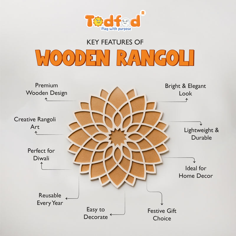 Todfod Wooden Lotus Mandala Rangoli for Floor Decoration Reusable MDF Rangoli for Diwali Home Entrance Pooja Festival Decor 12 Inch