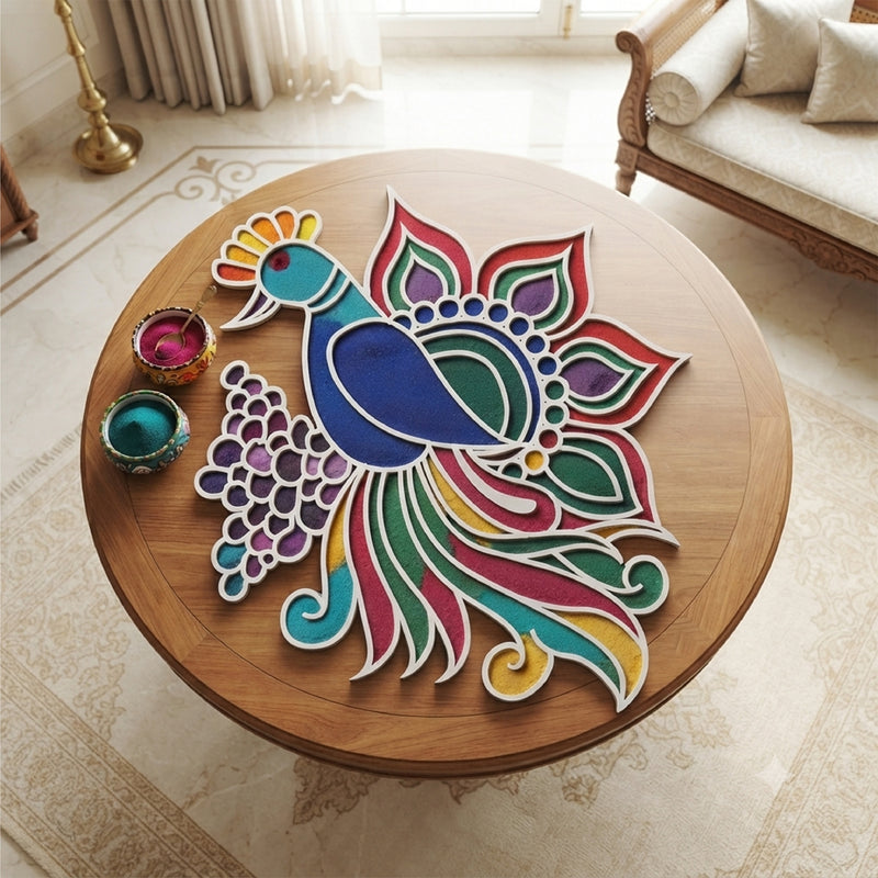 Todfod Wooden Peacock Floral Rangoli for Floor Decoration Reusable MDF Rangoli for Diwali Home Entrance Pooja Festival Decor 12 Inch