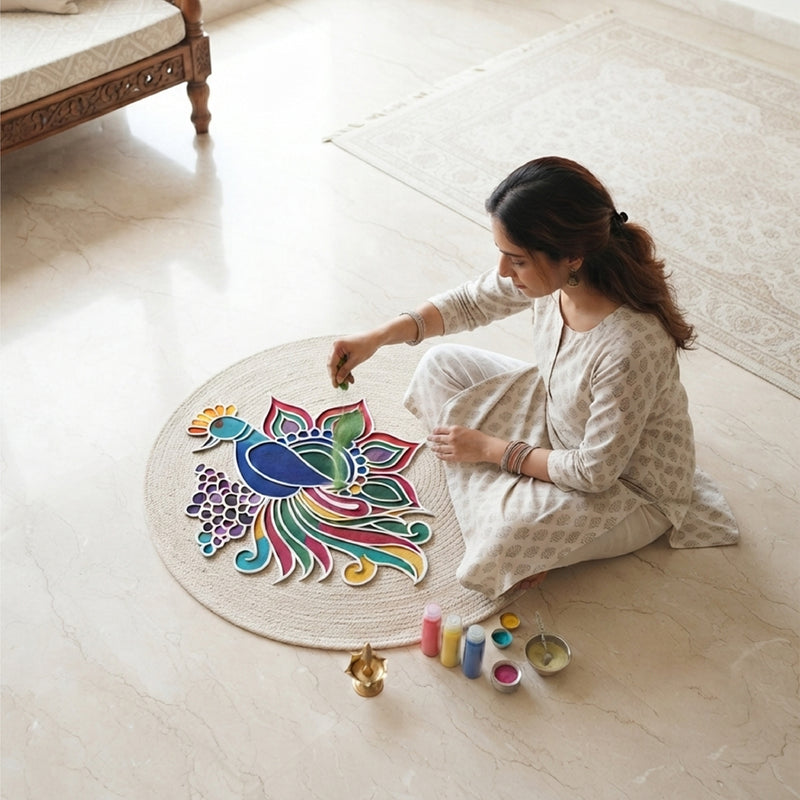 Todfod Wooden Peacock Floral Rangoli for Floor Decoration Reusable MDF Rangoli for Diwali Home Entrance Pooja Festival Decor 12 Inch