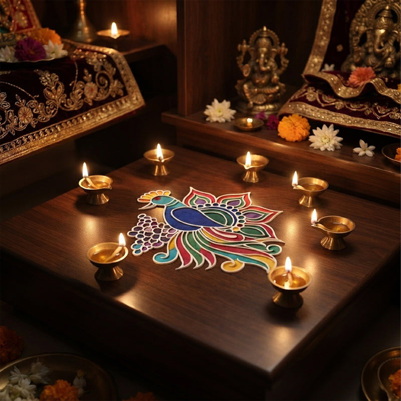 Todfod Wooden Peacock Floral Rangoli for Floor Decoration Reusable MDF Rangoli for Diwali Home Entrance Pooja Festival Decor 12 Inch