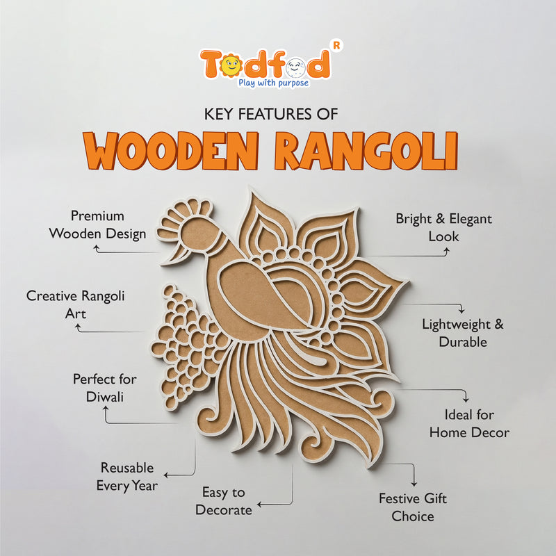 Todfod Wooden Peacock Floral Rangoli for Floor Decoration Reusable MDF Rangoli for Diwali Home Entrance Pooja Festival Decor 12 Inch