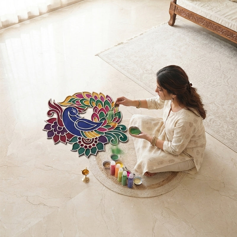 TodFod Wooden Diya Peacock Rangoli (Design 1), 12 Inch – Reusable MDF Floor Decoration for Diwali, Pooja & Home Entrance Decor