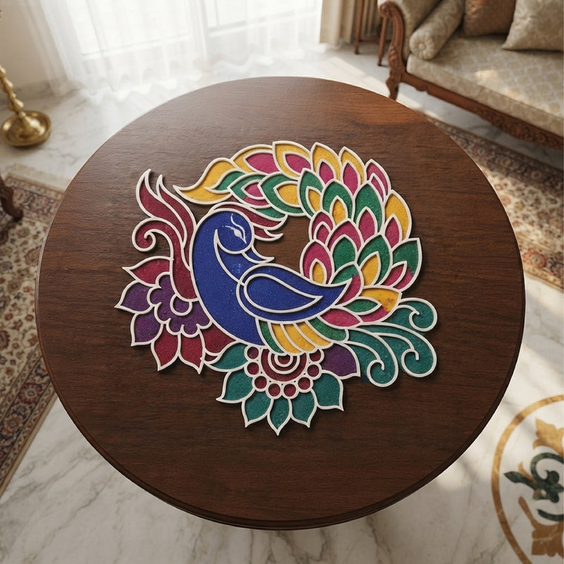 TodFod Wooden Diya Peacock Rangoli (Design 1), 12 Inch – Reusable MDF Floor Decoration for Diwali, Pooja & Home Entrance Decor