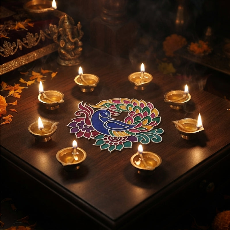 TodFod Wooden Diya Peacock Rangoli (Design 1), 12 Inch – Reusable MDF Floor Decoration for Diwali, Pooja & Home Entrance Decor