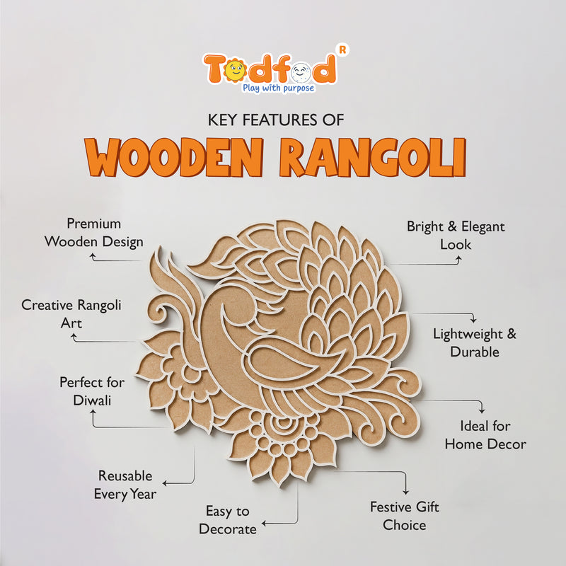 TodFod Wooden Diya Peacock Rangoli (Design 1), 12 Inch – Reusable MDF Floor Decoration for Diwali, Pooja & Home Entrance Decor