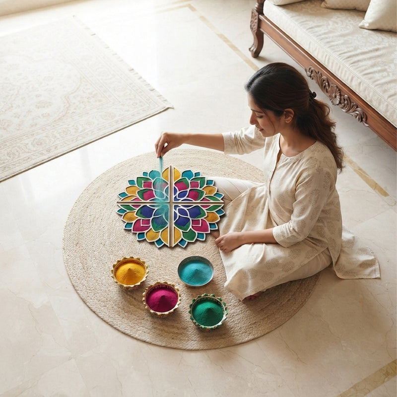 Todfod Wooden Lotus Rangoli for Floor Decoration Reusable MDF Rangoli for Diwali Home Entrance Pooja Festival Decor 12 Inch