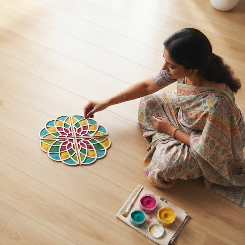 TodFod Wooden Diya Floral Mandala Rangoli (Design 2), 12 Inch – Reusable MDF Floor Decoration for Diwali, Pooja & Home Entrance Decor