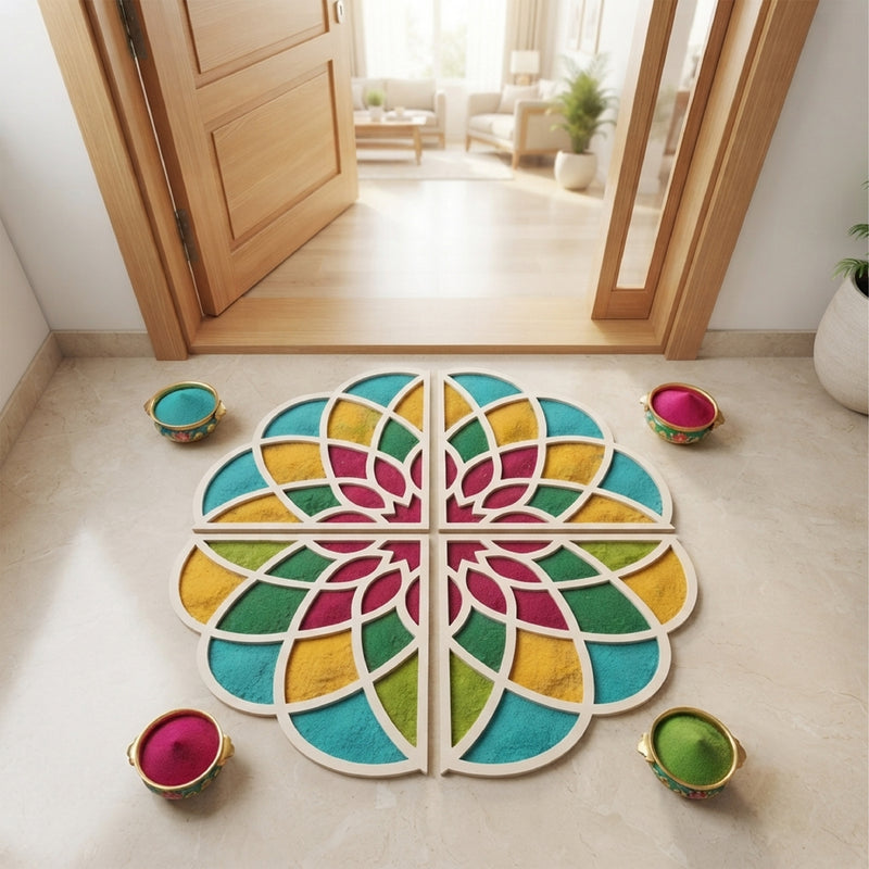 TodFod Wooden Diya Floral Mandala Rangoli (Design 2), 12 Inch – Reusable MDF Floor Decoration for Diwali, Pooja & Home Entrance Decor
