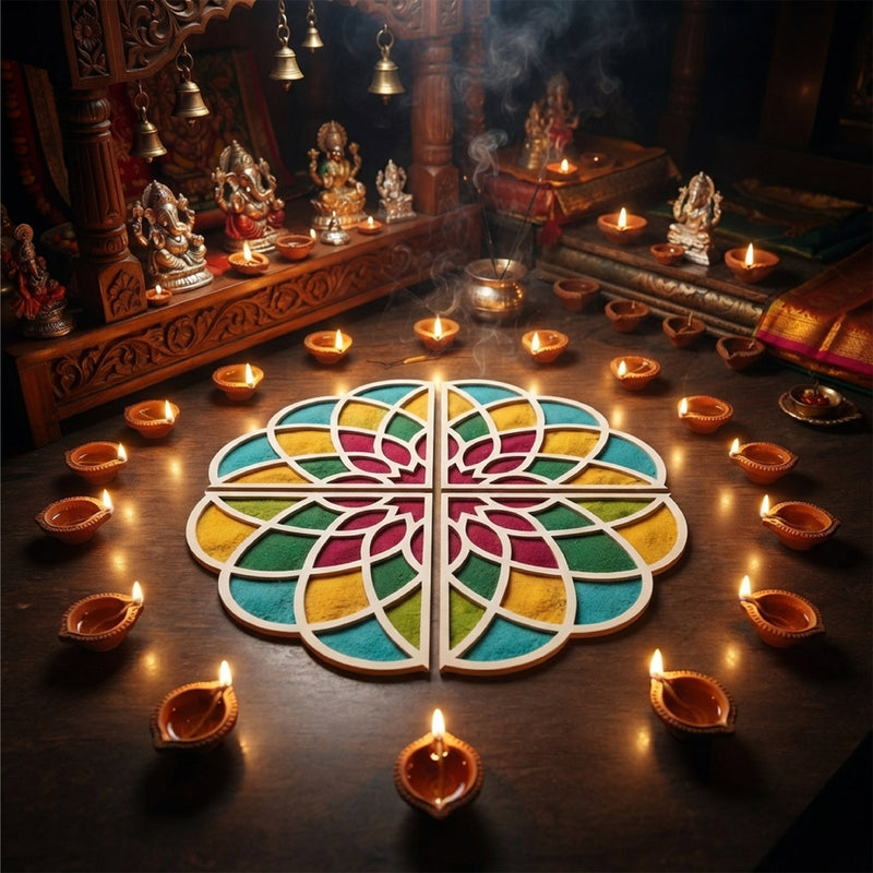 TodFod Wooden Diya Floral Mandala Rangoli (Design 2), 12 Inch – Reusable MDF Floor Decoration for Diwali, Pooja & Home Entrance Decor