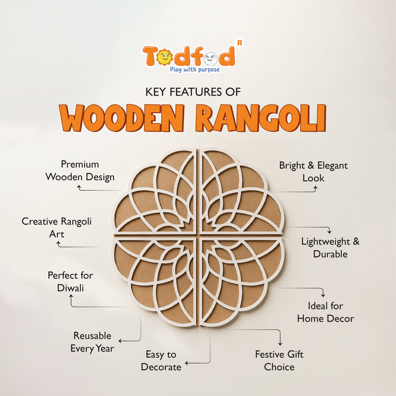 TodFod Wooden Diya Floral Mandala Rangoli (Design 2), 12 Inch – Reusable MDF Floor Decoration for Diwali, Pooja & Home Entrance Decor