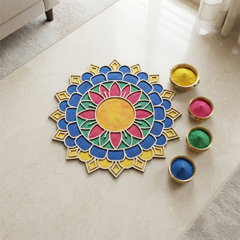 Todfod Wooden Mandala Rangoli for Floor Decoration Reusable MDF Rangoli for Diwali Home Entrance Pooja Festival Decor 12 Inch